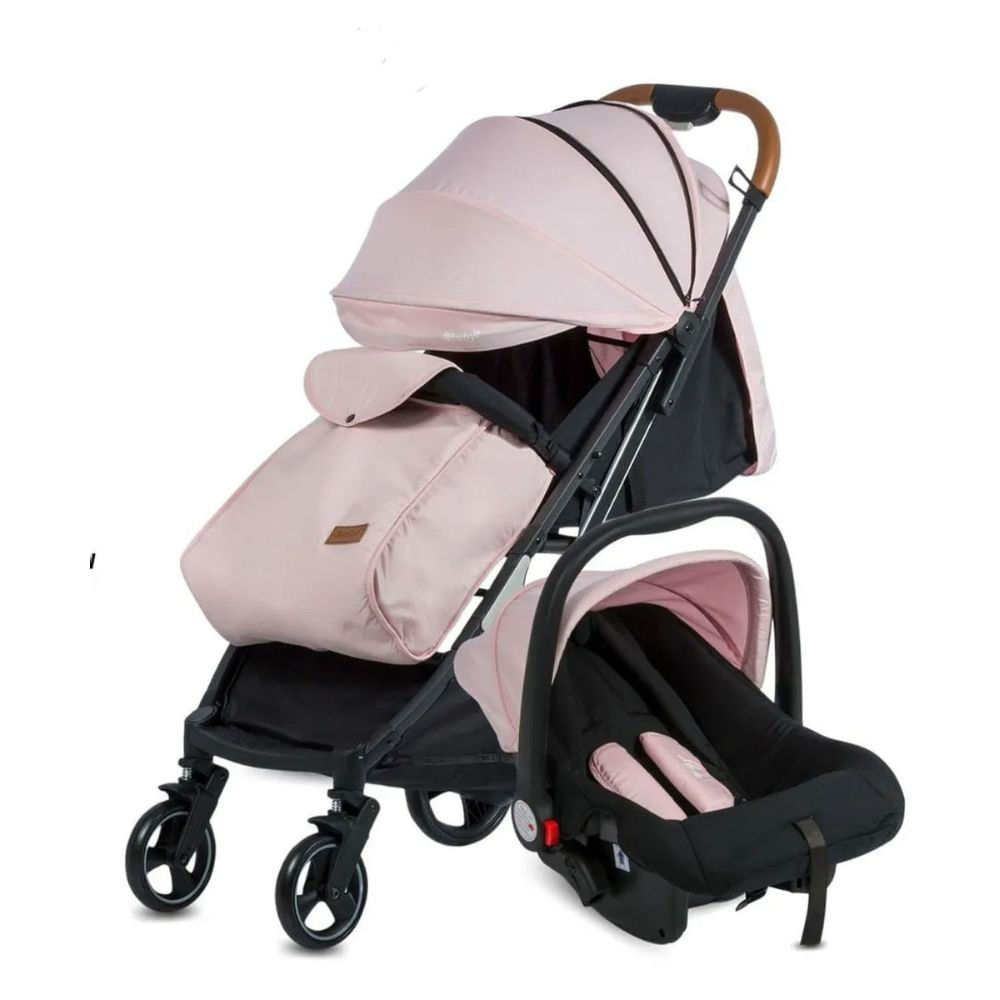 Coche maleta Travel Happy con porta bebé, plegado, capota completa, cubrepiés, freno unificado, hasta 15kg, rosado